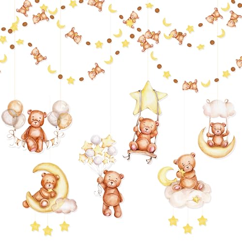 Image of Teddy Bear Party Decorations Cream Tan Brown Boho Star Moon Bear Hanging Cutout Garland Streamer for We Can Bearly Wait Birthday Party Supplies Home Wall Ceiling Decor