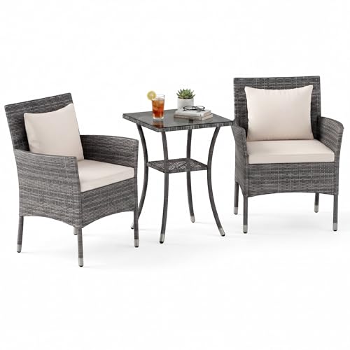 GIANTEX Juego de Muebles de Jardín 3 Piezas, 2 Sillones con Cojines y 1 Mesa con Tablero de Cristal, Conjunto de Muebles de Ratán para 2 Personas, Juego de Bistró para Balcón, Patio (Gris+Beige)