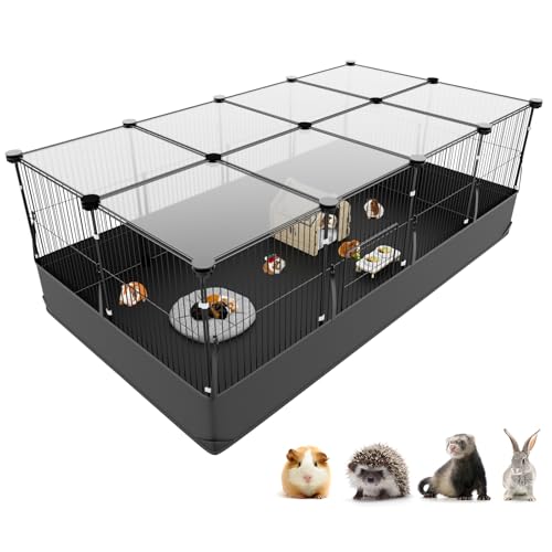 Tresbro Guinea Pig Cage with Top Cover & 12 Panels Triple Fixing Measures Small Animal Playpen with Waterproof PVC Liner & One-Motion Hooks 48 x 24 x 16 C&C Grids Cage for Bunny Hedgehog Hamster