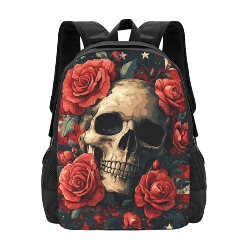 Image of Floral Skull Print Backpack For Men Women Lightweight Daypack For Daily Commutes Business Travel Hiking