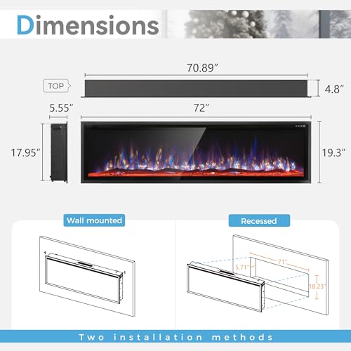 Image of 72 inch Electric Fireplace Inserts /Wall Mounted Ultra-Narrow Bezel Fireplace