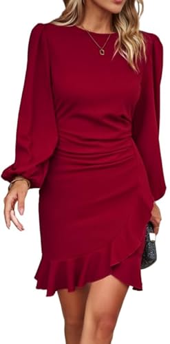 Haibang Damen Kleid Elegant Langarm Bodycon Rüschen Puffärmel Kurz Kleider Einfarbige Abendkleider Partykleid Vintage Freizeitkleid Rundhals Businesskleider Sexy Bleistiftkleid für Festlich Hochzeit