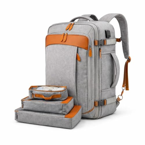 Mochila de Viagem Expansível 40L Impermeável com 3 Organizadores, Impermeável, Porta USB, para Notebook, Trabalho e Escola, Masculina, Feminina, Viagem Avião (Cinza)