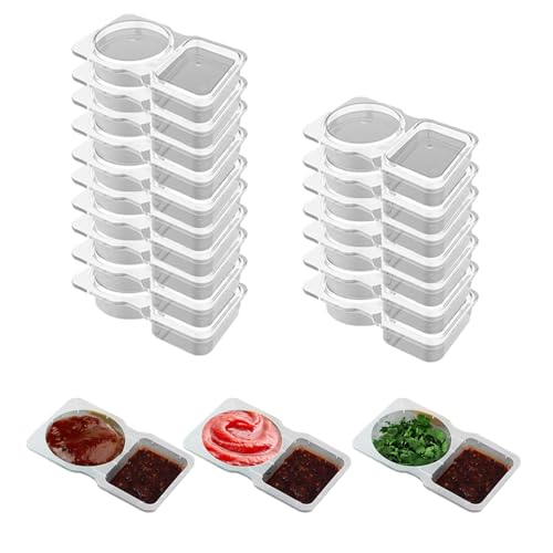 Condiment Containers 20PCS Reusable PP Double Compartmen Containers with Lids Thickened & Portable Grab And Go Sauce Pot Container for Sauces Dips Snack Picnic Work Lunch Takeout Meals Parties Camping