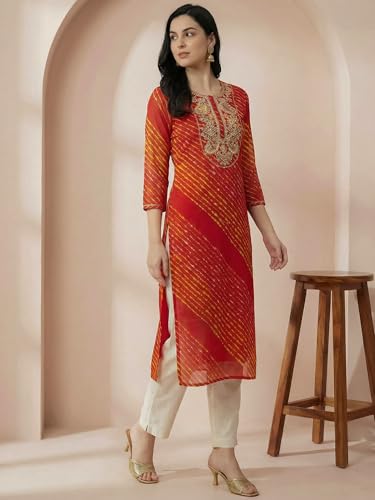 Image of INDO ERA Women's Georgette Leheriya Printed Straight Calf Length Kurtas (IEAI12232)