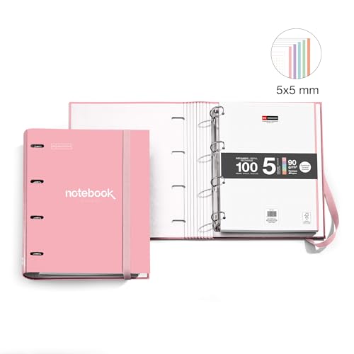 Miquelrius - Ringordner A4 Emotions, Ringbuchordner mit 4 Ringen + kariertes Nachfüllpapier, 4 Trennblätter + Umschlag, 90 g/m² Papier, Gummibandverschluss, Ringbuch Büro Zubehör Schul, Rosa