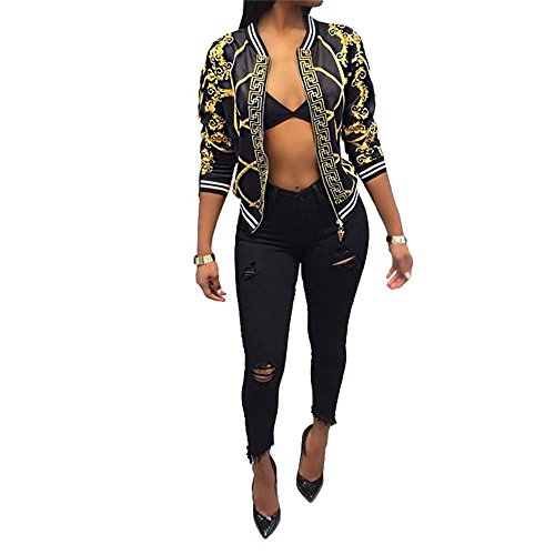 Luxfan Women Vintage African Printed Long Sleeve Zipper Bomber Jacket (Black, US-L)