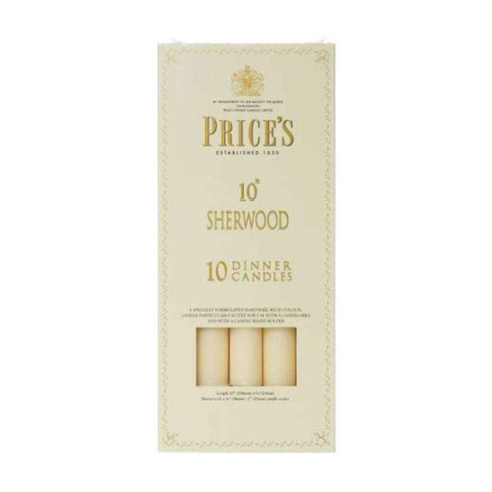 Price's - 10" Sherwood Dinner Candles - 10 Pack - Ivory - Solid Colour - Up to 9 Hour Burn Time - Smokeless - Unscented - Non-Drip - Multi-Purpose