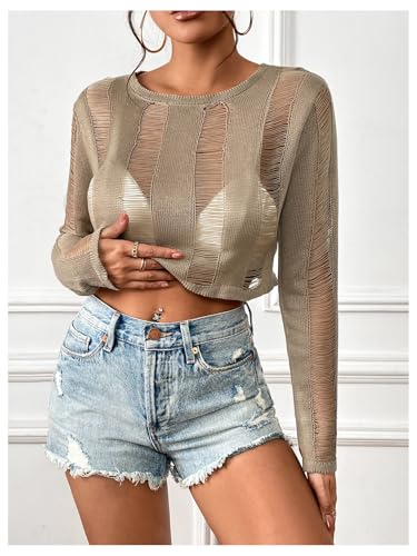 Image of SOLY HUX Sweaters for Women Long Sleeve Ripped Lace Up Back Sheer Crop Tops Plain Khaki Large