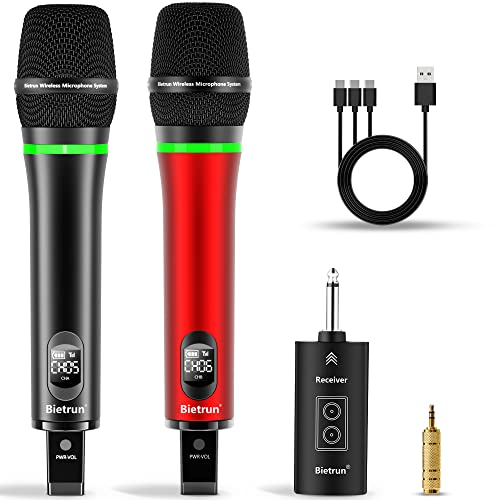 Bietrun Wireless Microphone, 240Ft Rechargeable Uhf Metal Dual Cordless Handheld Dynamic Mics With Bluetooth For Karaoke Machine, Pa System Speaker, Mixer, Party, Church, Wedding(Red) #TOP24