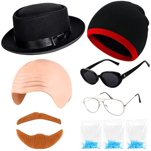 GANSHAYA Halloween Chemistry Teacher and Assistant Costume Include Beanie Cap Sunglasses Pork Pie Hat Bald Cap Glasses Beard and Blue Particles for Men Women Halloween Dress Up