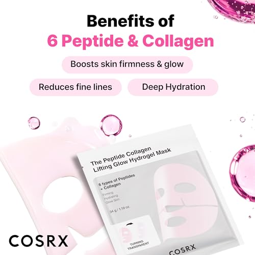 COSRX Pink Peptides Collagen Lifting Glow Hydrogel Face Masks Skincare 3 EA, Collagen Face Mask, Travel Essentials, Overnight Face Mask, Korean SkinCare