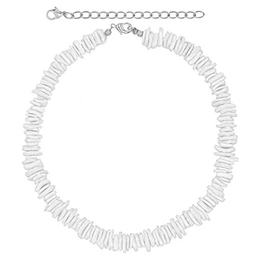 Fablinks White Puka Shell Necklace, Hawaiian Style Clam Chip Surfer Necklace for Men and Women, Trendy Summer Shell Necklace Choker for Men and Women, Seashell Beaded Beach Choker (18 Inches)