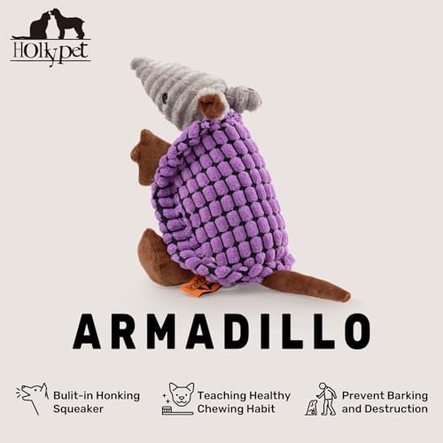 Image of Hollypet Plush Dog Squeaky Toy Stuffed Armadillo Animal Pet Puppy Chew Toys with Clean Teeth for Small Medium Large All Breed Sizes Dogs, Purple, 8 in