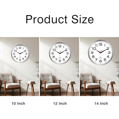 Image of Roymnie 10 Inch Atomic Wall Clock, Battery Operated Silent Non Ticking | Silver analog wall clock; bold numerals for easy reading; silent non-ticking; 1 AA battery (not included); for classroom