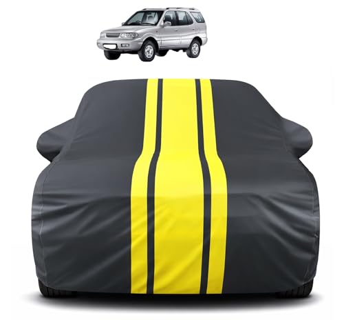 Image of Auto Hub Car Cover Compatible with Tata Safari Dicor with Mirror Pocket, Soft Cotton Lining, Safari Dicor Car Cover Waterproof - Yellow-Black