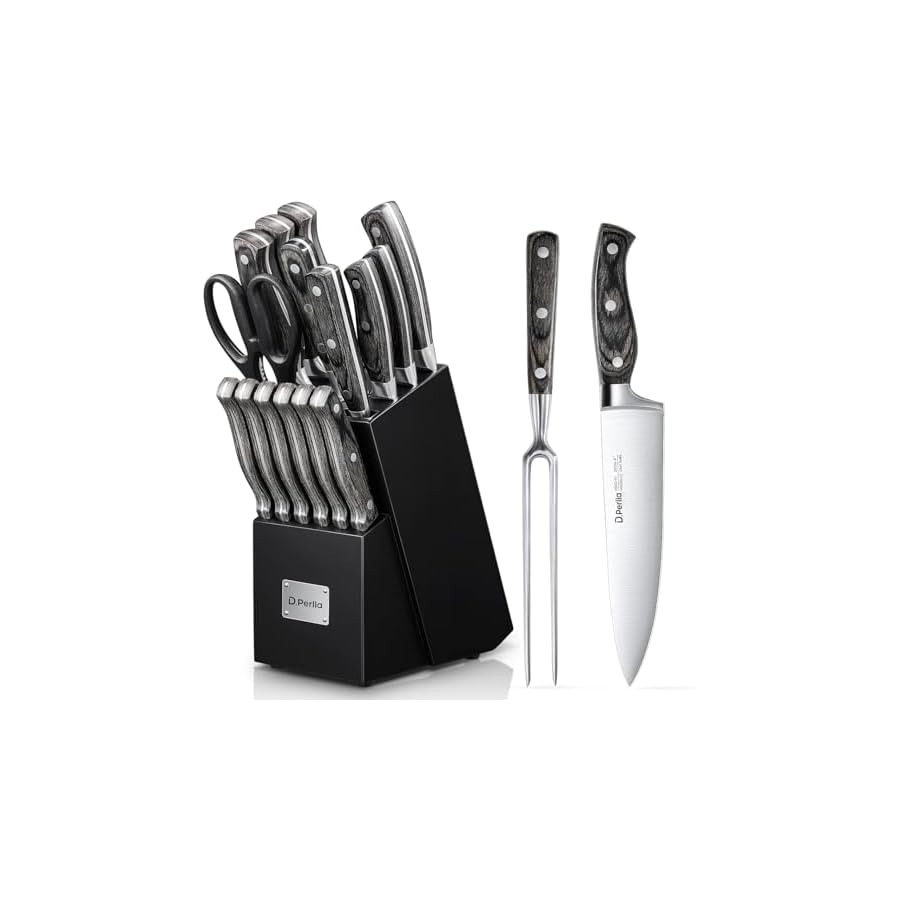 Knife-Set-with-Block-16-Pcs-Stainless-Steel-Kitchen-Knife-Set-with-Sharpener-Wooden-Block-Knife-Block-Set-with-Wood-Handle-Chef-Santoku-Bread-Utility-Paring-Carving-Fork-Knife-Black Knife Set with Block, 16 Pcs Stainless Steel Kitchen Knife Set with Sharpener & Wooden Block, Knife Block Set with Wood Handle, Chef, Santoku, Bread, Utility, Paring & Carving Fork Knife (Black)