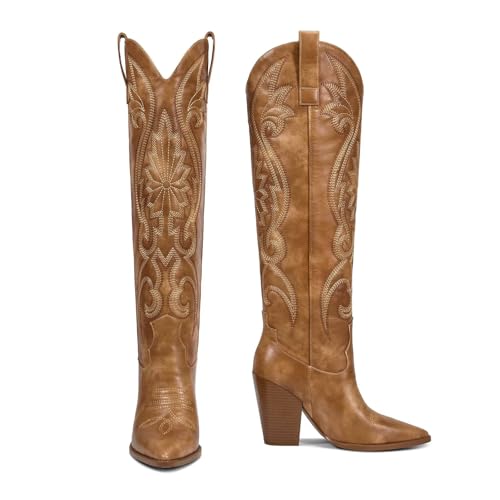 ISNOM Womens Cowboy Knee High Boots Cowgirl Boots Western Boots with Embroidered Pointed Toe Chunky Heel Slip on Retro Tall Boots3