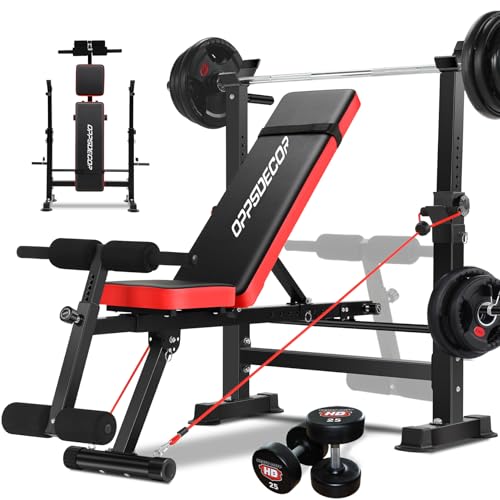 OPPSDECOR 600LBS 6 in 1 Weight Bench Set, Adjustable Bench Press Set and Squat Rack, Foldable Workout Benches for Home Gym, Incline Decline Flat Sit Up Strength Training Bench
