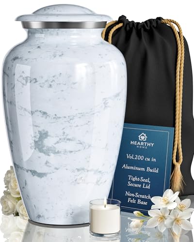 Image of Large Handcrafted Urn for Ashes Adult Male and Female - Cremation Urns for Human Ashes Adult Man and Woman - Decorative Funeral Urns - Memorial Urn with White Marble Finish - Large (10.5 inch H x 6.25 inch W)