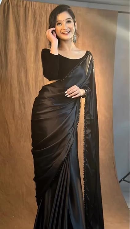 Women's Ready to Wear Black Satin Silk 1 Minute Pre Pleated Heavy Saree With Hand Work Lace | ready to wear sarees for women | zip and go saree (Black)