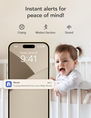 nooie Baby Monitor WiFi Baby Monitor with Camera and Night Vision 2K with Cry Detection, Temperature Sensor, AI Motion Track, Works with Alexa, Two-Way Audio, Motion & Sound Detection, Local SD/Cloud