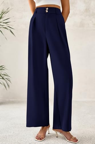Image of CFLONGE Women Wide Leg Dress Pants High Waist Work Trousers Button Pleated Slacks Palazzo Pants Business Casual Outfits