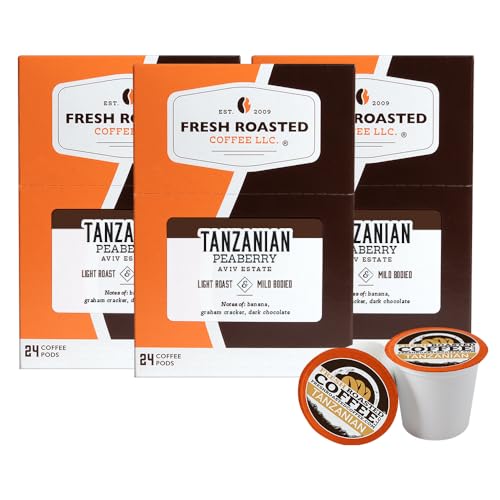 Fresh Roasted Coffee, Tanzanian Peaberry, Light Roast, 72 Pods for K Cup Brewers