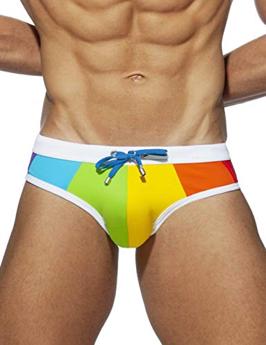 Mizok Men's Rainbow Strips Nylon Bikini Swim Briefs Drawstring Sexy Low Rise Swimwear M #TOP1