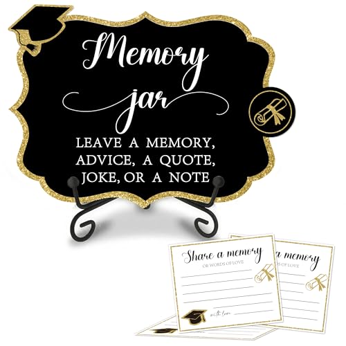 Grad Party Wooden Table Sign - Memory Jar Leave A Memory - Grad Wooden Buffet Sign, Treat Sign With Metal Support + 30 Share cards & 2 DIY Wood Decor With Velcro, Grad Party Decorations & Supplies, 01
