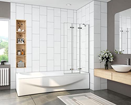 Mamparas de Bañera Biombo Plegable Cristal 6mm 3 veces plegable 100x140cm+Barra