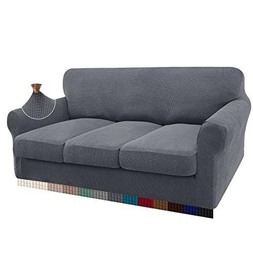 Granbest High Stretch Sofa Seat Cushion Cover Super Soft Couch Seat Cover Sofa Cushion Protector Jacquard Spandex Fabric with Elastic Bottom(3-Piece 3 seater,Grey)