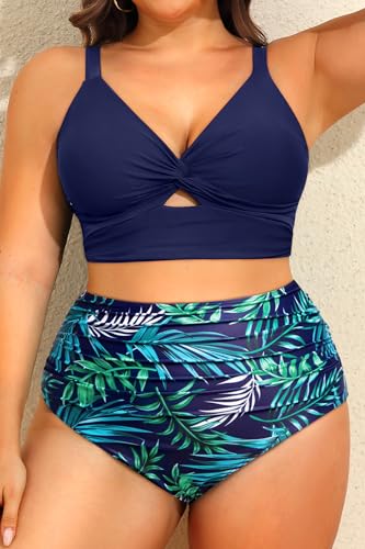 Image of Daci Plus Size Two Piece Swimsuits - Women High Waisted Bikini Tummy Control Bathing Suits Knot Twist Swimwear 2025