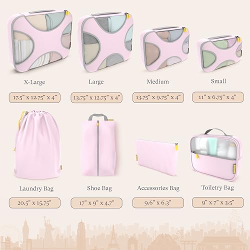 Image of Shacke 8 Set Packing Cubes for Travel, Shoe & Toiletry Bags (Petal Pink) | Complete suitcase organizer bags set: 4 luggage packing cubes + laundry, shoe, toiletry & accessories bags for any trip