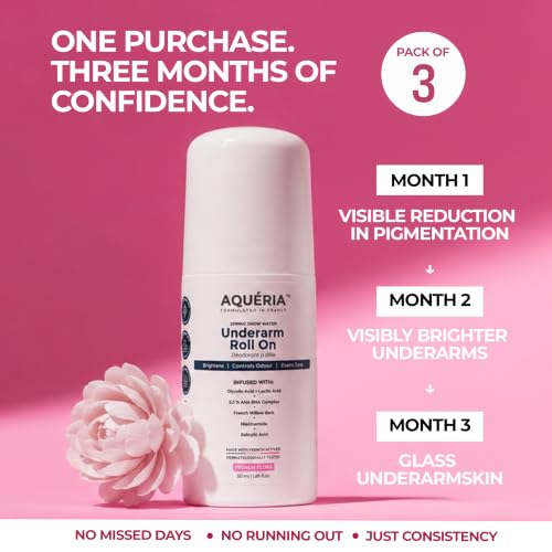 Image of Aqueria Pack of 3 5.5% AHA BHA French Underarm Brightening Roll On | 48H Odour Control | Flora Fragrance with 2% Niacinamide | Multi Actives, Glycolic Acid, Lactic Acid | Prevents Odor, Kills Bacteria | Exfoliates, Reduces Pigmentation & Discoloration for Even-Toned Underarms | Brightens Skin & Exfoliates Underarm | Alcohol & Aluminium Free | Deodorant for Men & Women | (50ml x 3)
