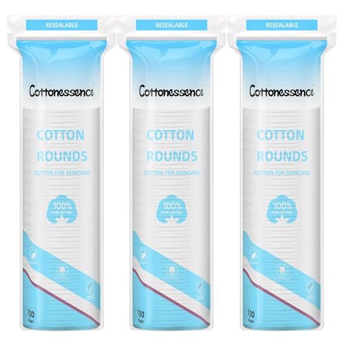 Cotton Rounds for Facial Cleansing and Nail Polish Removal - 100% Pure Cotton, Hypoallergenic Makeup Remover Pads, Lint-Free Multi-Layer Design (100 Count, Pack of 3)