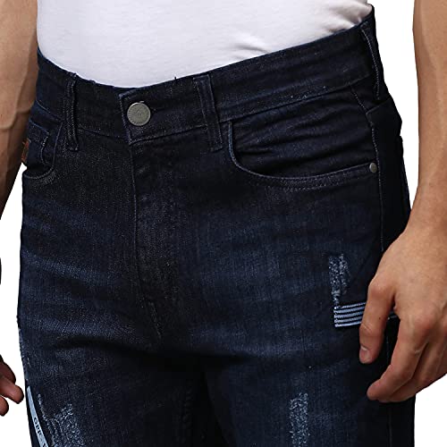 Image of CAHOOT Men' Denim Jeans for Regular Wear Blue Dark Wash Patchwork Slim Fit Jeans Crafted with Comfort Fit and High Performance for Everyday Casual Wear