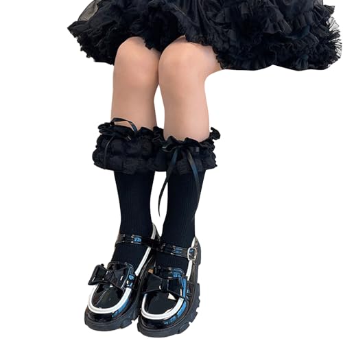 Lace Up Ribbon Bowknot Socks Cotton Midcalf Socks Girl Spring Dress Socks for Little Girls with Ruffle