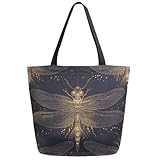 Fashion Extra Large Shoulder Tote Bag, Beautiful Golden Dragonflies Black Floral Canvas Durable Daily Weekender Handle Bag Ideal for Gym Picnic Yoga Beach Travel Kitchen Market Grocery Shopping