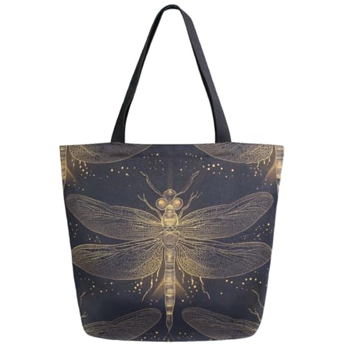 Fashion Extra Large Shoulder Tote Bag, Beautiful Golden Dragonflies Black Floral Canvas Durable Daily Weekender Handle Bag Ideal for Gym Picnic Yoga Beach Travel Kitchen Market Grocery Shopping