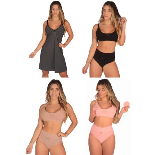 Kit 1 Camisola + 3 Conjuntos (Sutiã de Amamentação + Calcinha Pós Parto) Cós Alto Feminino Gestante