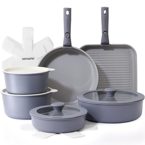 SENSARTE Keramik Topfsets Pfannenset 17 Teiliges, Antihaft Kochgeschirr mit Abnehmbarem Griff, Für alle Herdarten geeignet, Spülmaschinenfest, Ofenfest (Grau)