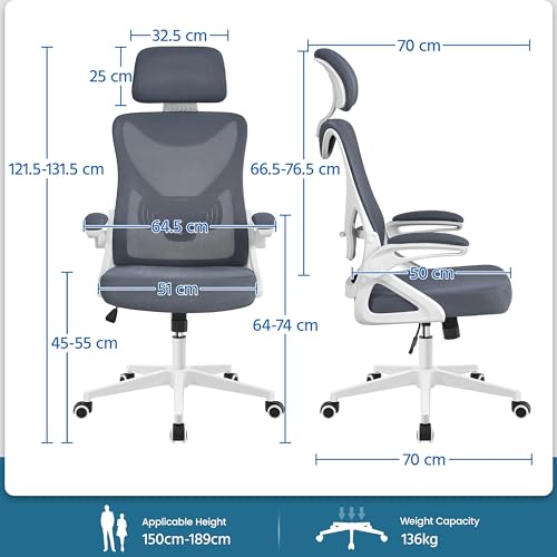 Sedia Ufficio Ergonomica con Braccioli Poggiatesta Regolabile Schienale Alto Funzione Dondolo Poltrona Scrivania Girevole in Rete Traspirante con Supporto Lombare Nera/Grigia - Sedia gaming - Immagine 2