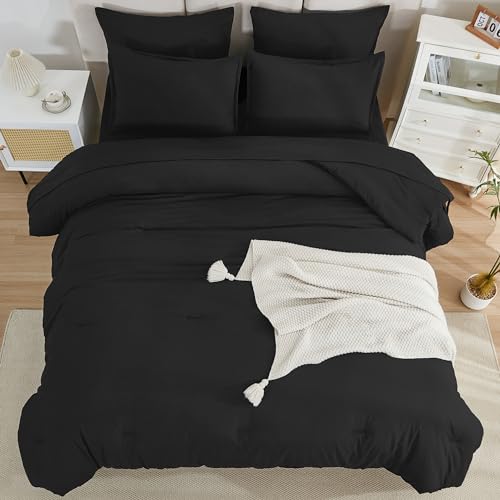 Litanika Comforter Queen Size Set Black - 7 Pieces Bed in a Bag Queen Bedding Comforter Sets, Plain Lightweight Bed Set with Comforter, Sheets, Pillowcases & Shams