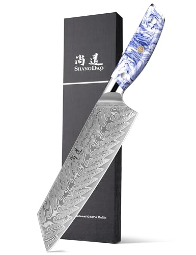 SHANGDAO Coltello da chef Kiritsuke da 8 pollici, Coltello da cucina per affettare in acciaio di Damasco forgiato con manico in resina blu e bianca - Codolo completo - Serie HUA