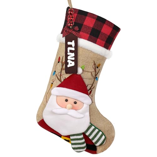 ASTNIC Calcetin de Navidad Grande con Etiquetas con Nombre Bolsa de Regalo de Calcetines de Navidad Personalizada en 3D Papá Noel Calcetin de Navidad Colgar Decoración Navideña