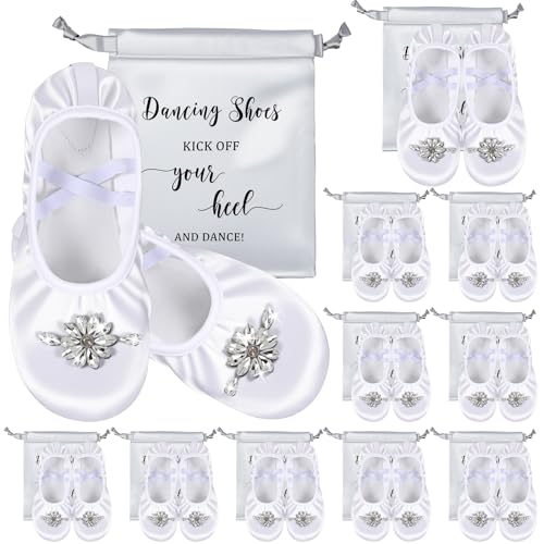 12 Pair Wedding Ballet Flats Foldable Dancing Shoes Bulk Satin Rhinestone Womens Ballerina Slippers for Bridesmaid