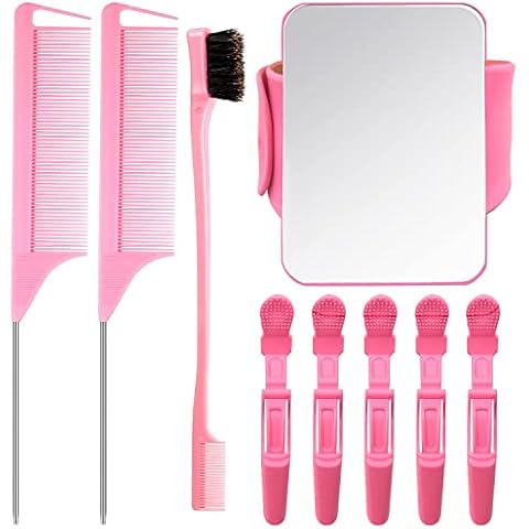 9 Pcs Hair Braiding Tools -2 Pieces Rat Tail Comb Parting Comb for Braiding 1Dual Edge Brush and Magnetic Wrist Sewing Pincushion Wristband Pin Cushion Holder with 5 Alligator Hair Clip (Pink) Cover