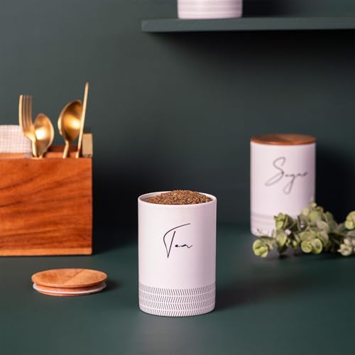 Image of nestroots Tea Coffee Sugar Containers Set of 3 | 750g Airtight Kitchen Storage Jars & Canisters for Dry Fruits, Spices, or Baking Essentials | Chalk White Tin Design for Modern Kitchen Decor