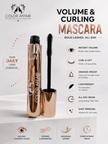 Image of COLOR AFFAIR Volumizing Mascara for Women | Long Lasting Lash Mascara with Precision Brush | Smudge Resistant Everyday Eye Makeup | Black Mascara